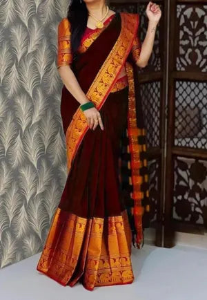 Chacolate Ayodhya Narayanpeth Cotton Saree | With Unstitched Blouse Piece For Women