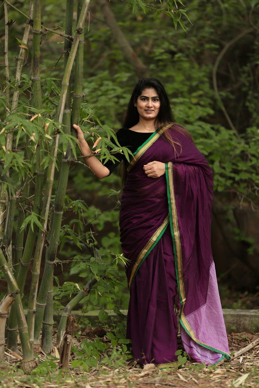 Dark Purple Akira Narayanpeth Cotton Saree | With Unstitched Blouse Piece For Women