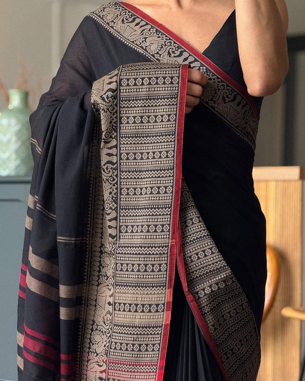 Black Khushi Narayanpeth Cotton Saree | With Unstitched Blouse Piece For Women