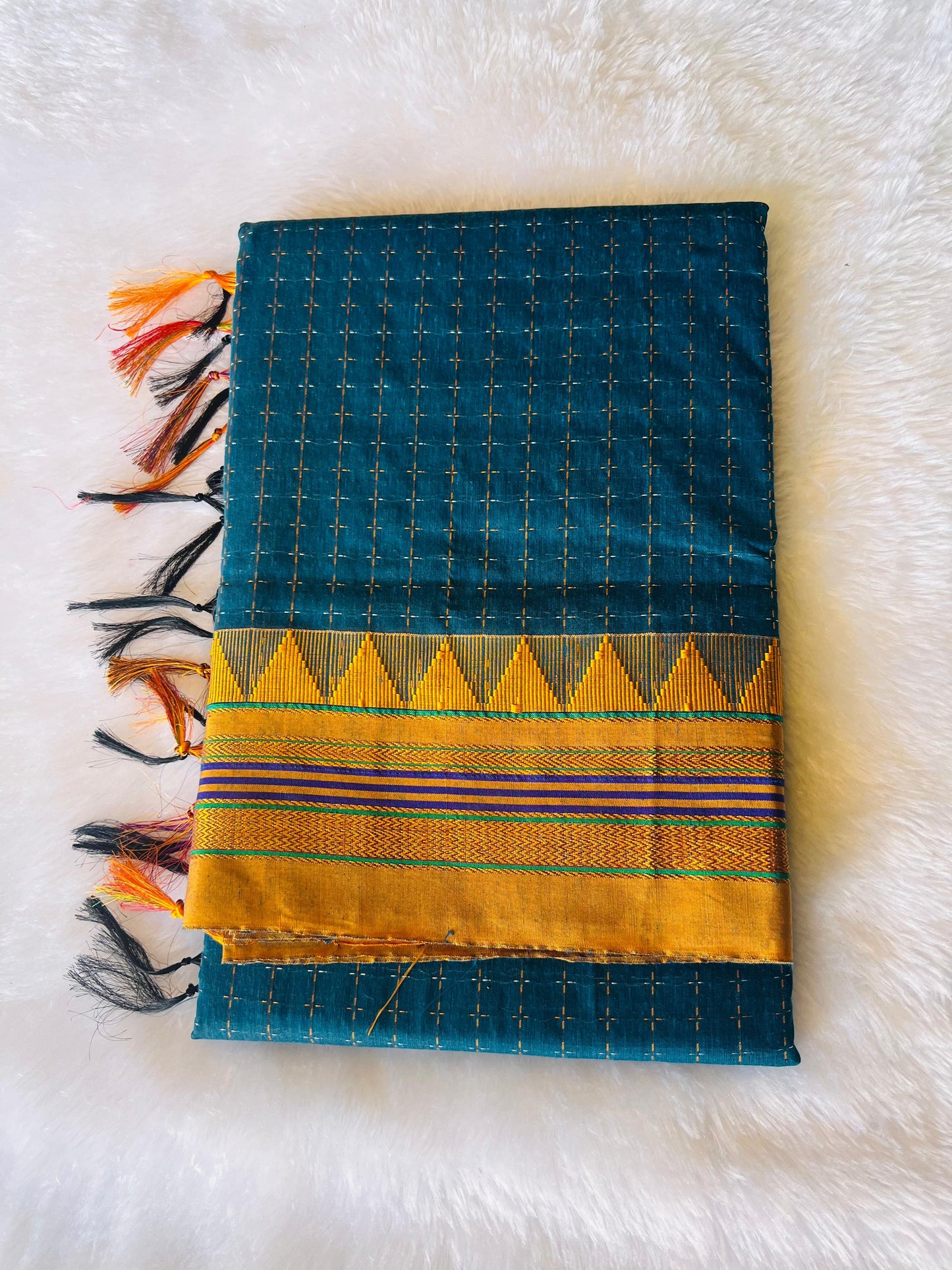 Peacock Blue Green Temple Star Plus Acrylic Cotton Saree | With Unstitched Blouse Piece For Women