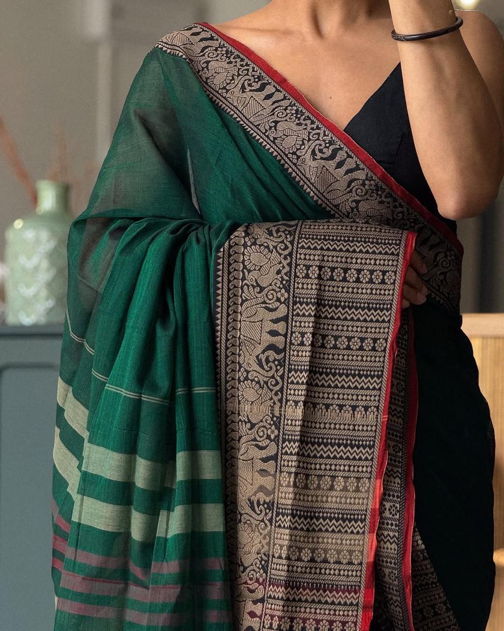 Green Khushi Narayanpeth Cotton Saree | With Unstitched Blouse Piece For Women