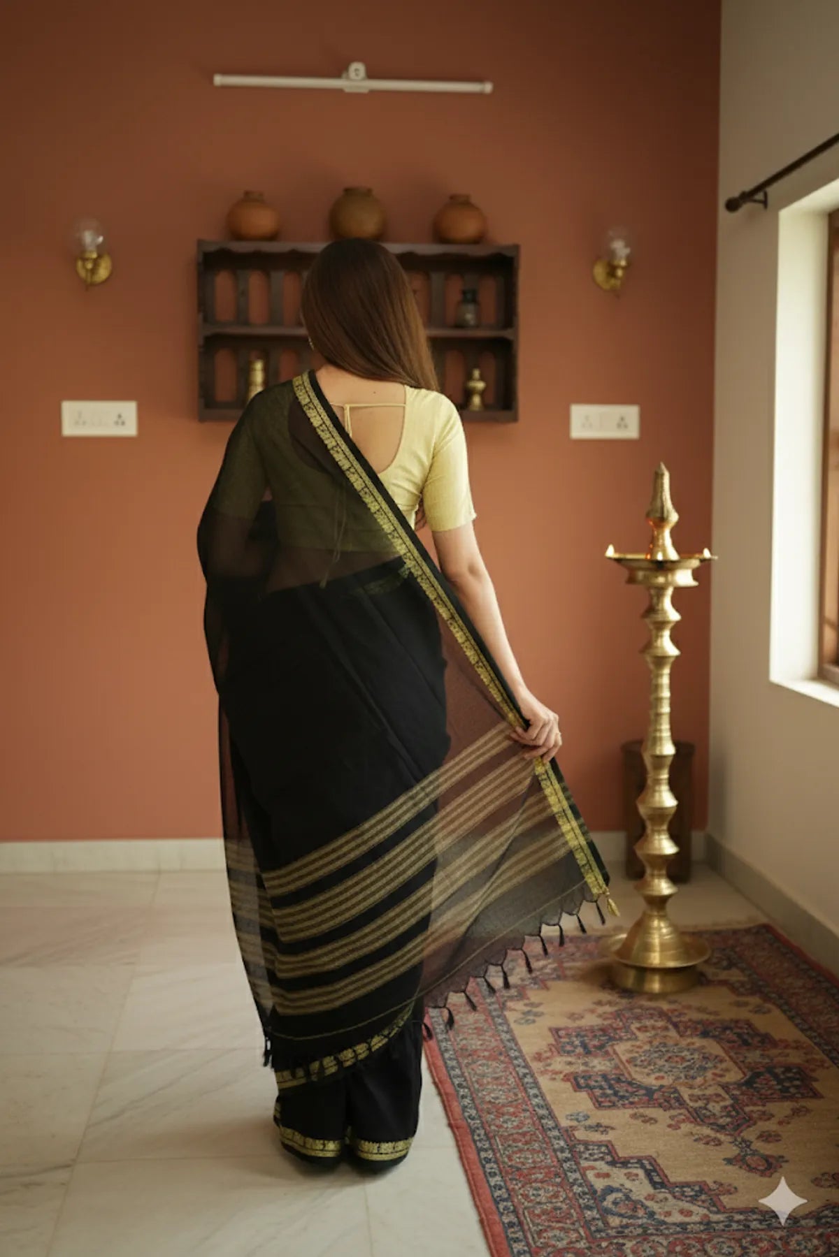 Black Raaga Narayanpeth Cotton Saree | With Unstitched Blouse Piece For Women