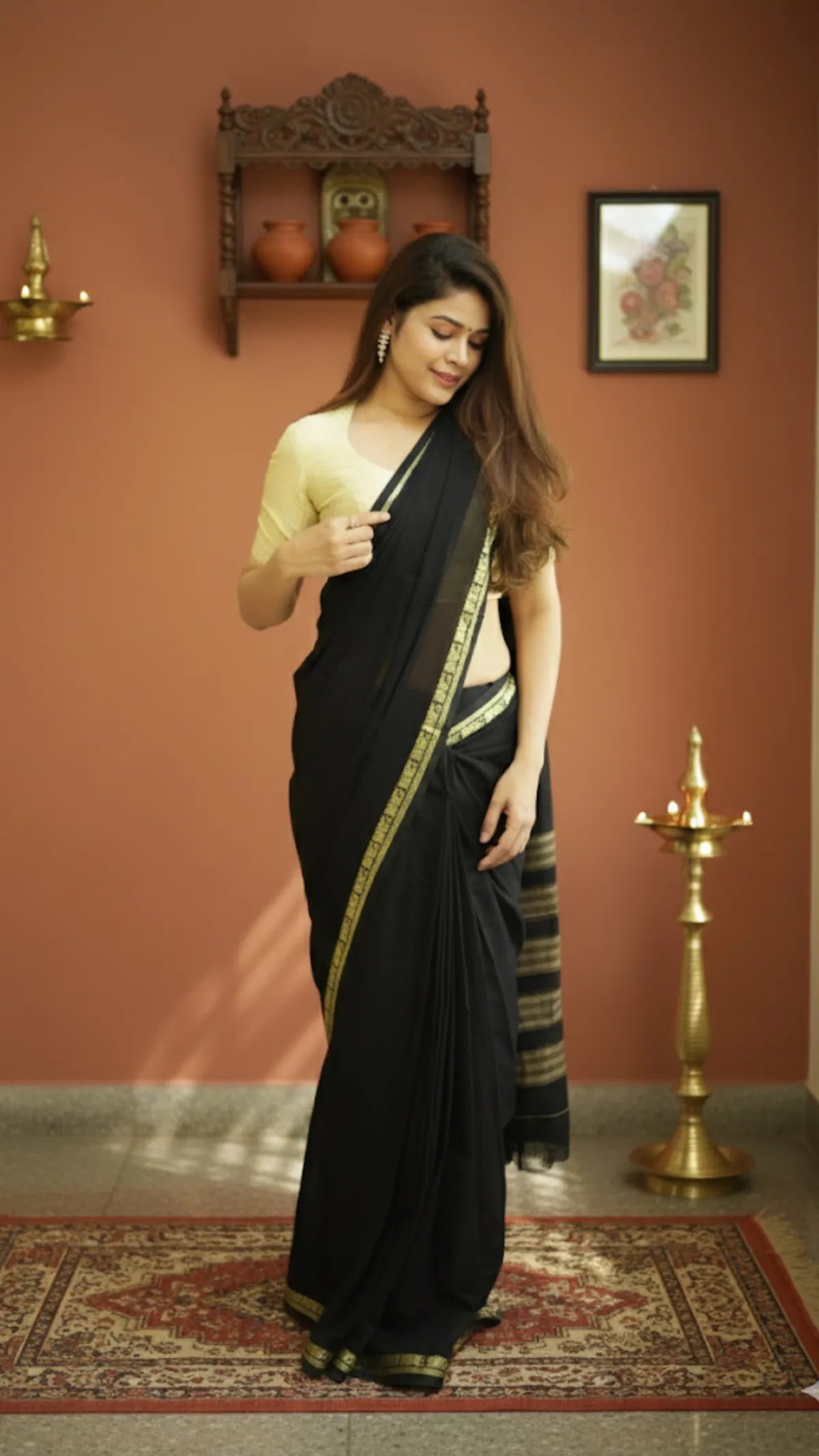 Black Raaga Narayanpeth Cotton Saree | With Unstitched Blouse Piece For Women