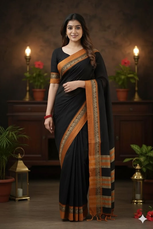 Black Nidhi Narayanpeth Cotton Saree | With Unstitched Blouse Piece For Women