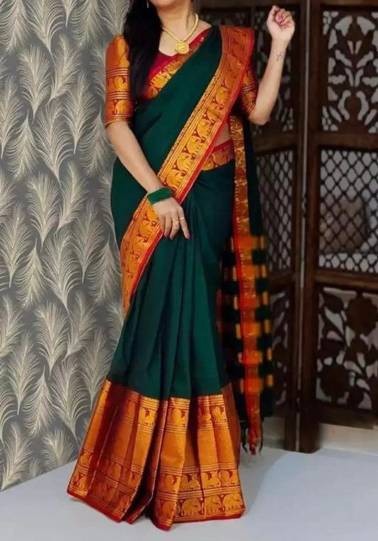 Bottle Green Ayodhya Narayanpeth Cotton Saree | With Unstitched Blouse Piece For Women