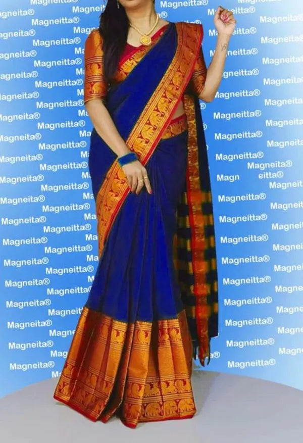 Blue Ayodhya Narayanpeth Cotton Saree | With Unstitched Blouse Piece For Women