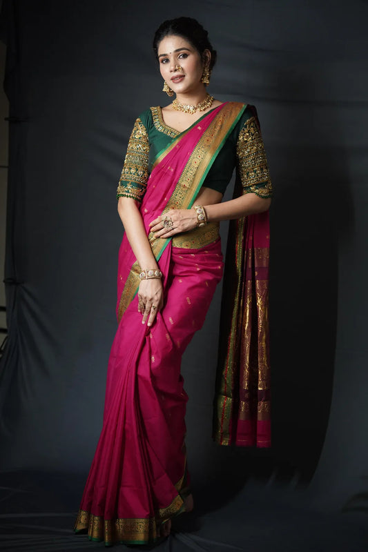 Pink Radhika Narayanpeth Cotton Saree | With Unstitched Blouse Piece For Women