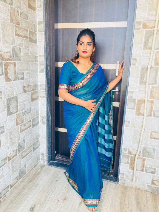 Blue Adhira Narayanpeth Cotton Saree | With Unstitched Blouse Piece For Women