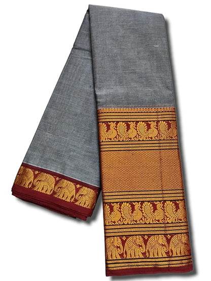 Grey  Narayanpeth Cotton Saree | With Unstitched Blouse Piece For Women