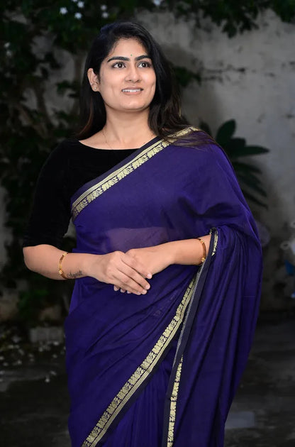 Dark Purple Raaga Narayanpeth Cotton Saree | With Unstitched Blouse Piece For Women