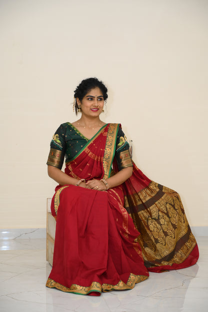 Maroon Kalanjali Narayanpeth Cotton Saree | With Unstitched Blouse Piece For Women