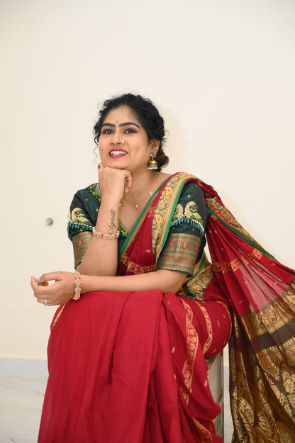 Maroon Kalanjali Narayanpeth Cotton Saree | With Unstitched Blouse Piece For Women