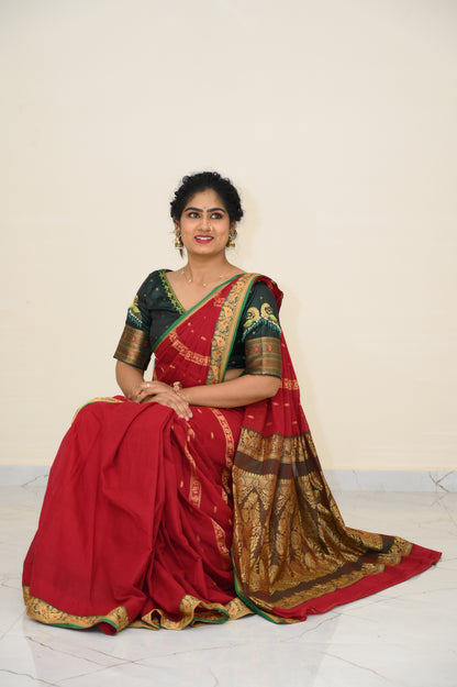 Maroon Kalanjali Narayanpeth Cotton Saree | With Unstitched Blouse Piece For Women