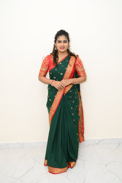 Green Ahalya Narayanpeth Cotton Saree | With Unstitched Blouse Piece For Women