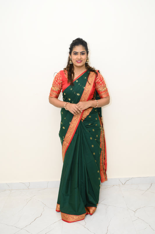 Green Ahalya Narayanpeth Cotton Saree | With Unstitched Blouse Piece For Women