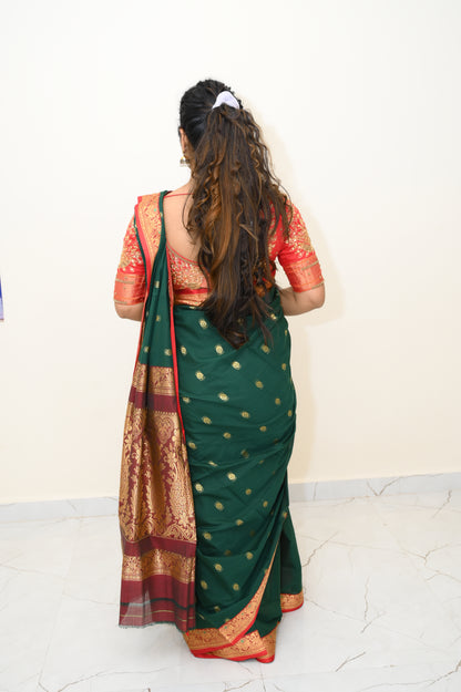 Green Ahalya Narayanpeth Cotton Saree | With Unstitched Blouse Piece For Women