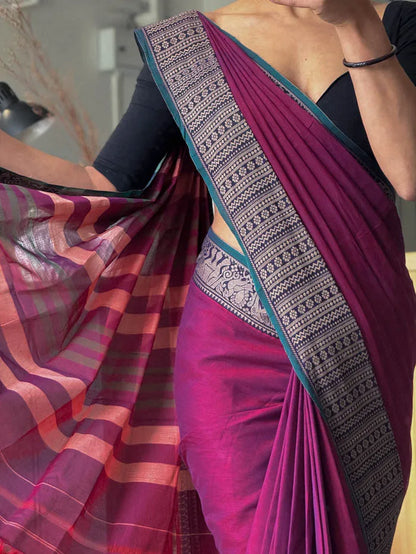 Magenta Khushi Narayanpeth Cotton Saree | With Unstitched Blouse Piece For Women