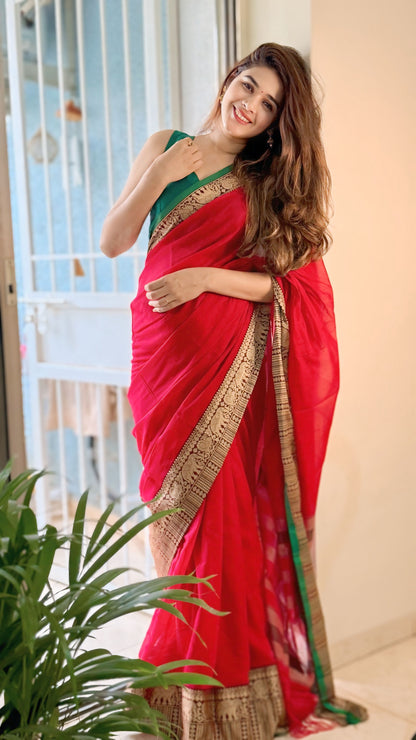 Red Khushi Narayanpeth Cotton Saree | With Unstitched Blouse Piece For Women