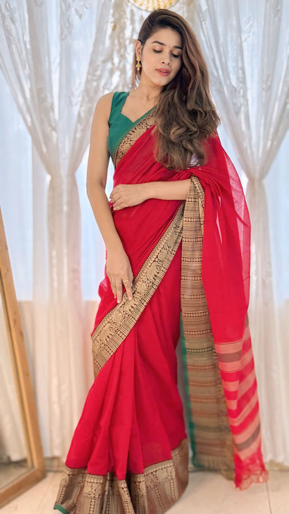 Red Khushi Narayanpeth Cotton Saree | With Unstitched Blouse Piece For Women