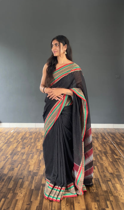 Black Sanskriti Narayanpeth Cotton Saree | With Unstitched Blouse Piece For Women