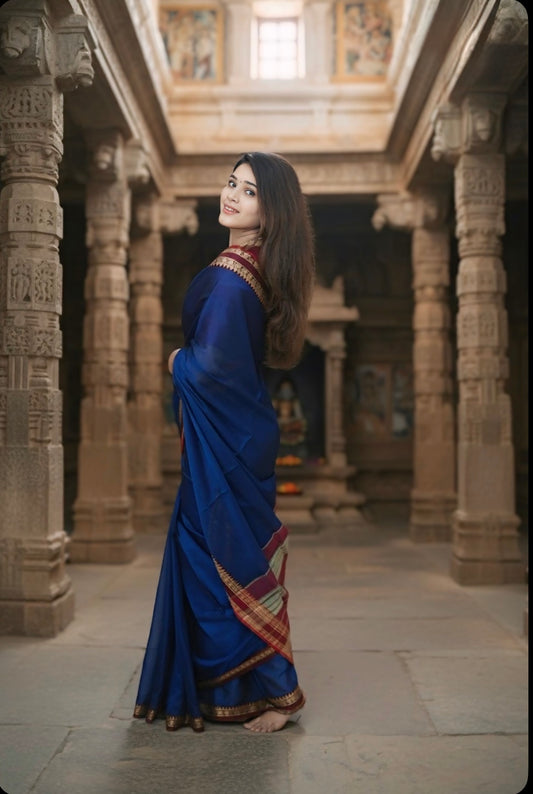 Blue Ragini Narayanpeth Cotton Saree | With Unstitched Blouse Piece For Women