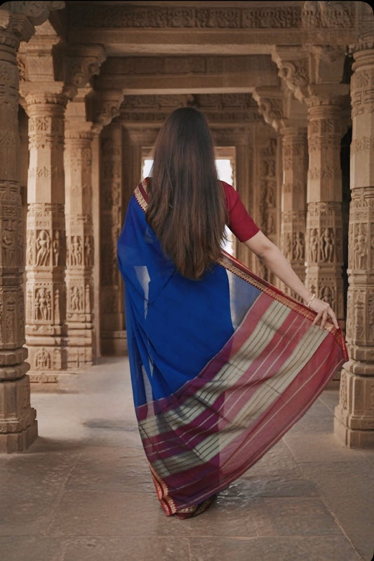 Blue Ragini Narayanpeth Cotton Saree | With Unstitched Blouse Piece For Women