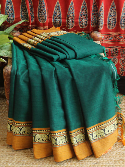 Green Nidhi Narayanpeth Cotton Saree | With Unstitched Blouse Piece For Women
