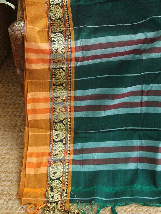 Green Nidhi Narayanpeth Cotton Saree | With Unstitched Blouse Piece For Women