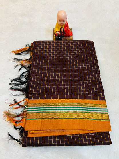 Chacolate Zigzag Narayanpeth Cotton Saree | With Unstitched Blouse Piece For Women