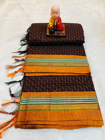 Chacolate Zigzag Narayanpeth Cotton Saree | With Unstitched Blouse Piece For Women