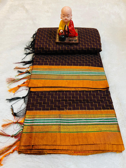 Chacolate Zigzag Narayanpeth Cotton Saree | With Unstitched Blouse Piece For Women