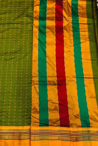 Parrot Green Double  Hash Narayanpeth Cotton Saree | With Unstitched Blouse Piece For Women