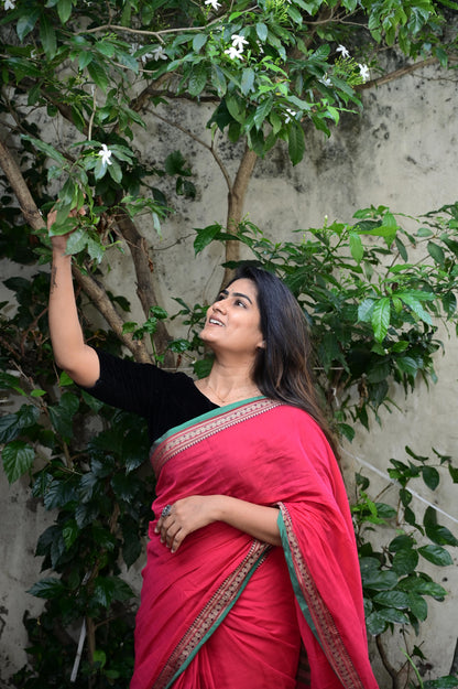 Red Viha Narayanpeth Cotton Saree | With Unstitched Blouse Piece For Women