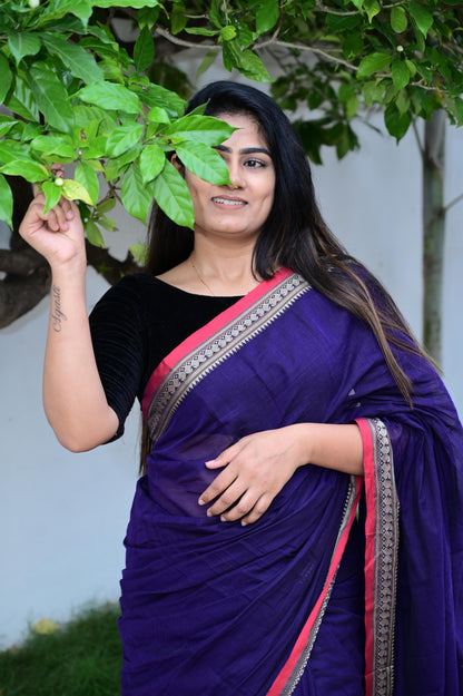 Dark Purple Viha Narayanpeth Cotton Saree | With Unstitched Blouse Piece For Women