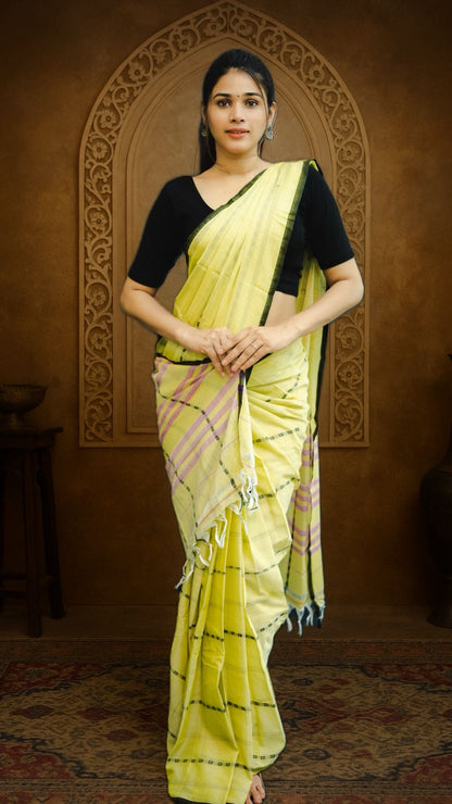 Light Yellow Rohini  Narayanpeth Cotton Saree | With Unstitched Blouse Piece For Women