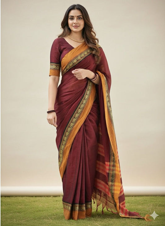 Maroon Nidhi Narayanpeth Cotton Saree | With Unstitched Blouse Piece For Women