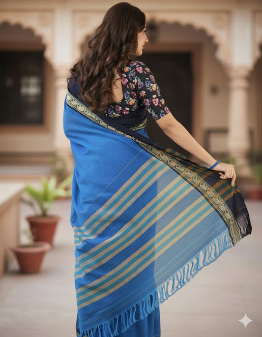 Blue  Nidhi Narayanpeth Cotton Saree | With Unstitched Blouse Piece For Women