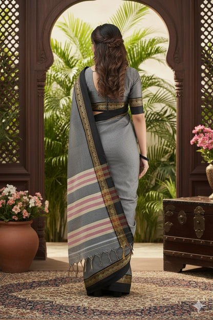 Grey Nidhi Narayanpeth Cotton Saree | With Unstitched Blouse Piece For Women