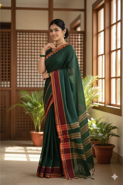 Bottle Green Divya Narayanpeth Cotton Saree | With Unstitched Blouse Piece For Women