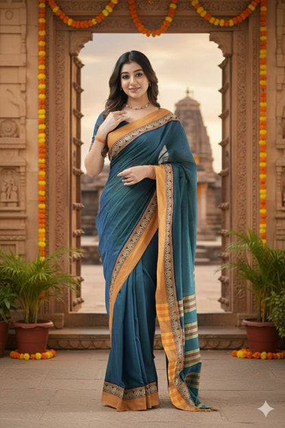 Blue Nidhi Narayanpeth Cotton Saree | With Unstitched Blouse Piece For Women