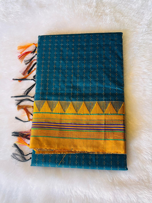 Peacock Blue Green Temple Star Plus Acrylic Cotton Saree | With Unstitched Blouse Piece For Women